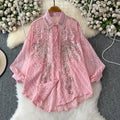 Fashionable age-reducing shirt for women french heavy industry sequinembroider diamond-encrusted easiest for matchclassy lantern sleeve slimming looktops trendy