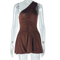 European and american style women's foreign trade dress - elegant asymmetrical one-shoulder solid color a-line skirt, slant neck sleeveless ruffle trim mini dress