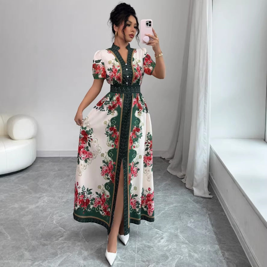 Vintage court style v-neck lantern sleeve printed dress - women's early spring korean style long sleeve cinched waist slimming a-line maxi dress