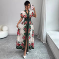 Vintage court style v-neck lantern sleeve printed dress - women's early spring korean style long sleeve cinched waist slimming a-line maxi dress