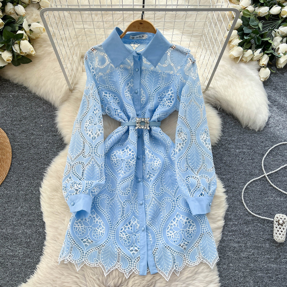 French chic chanel-inspired embroidered hollow-out crochet waist-cinching single-breasted dress - new elegant women's collection