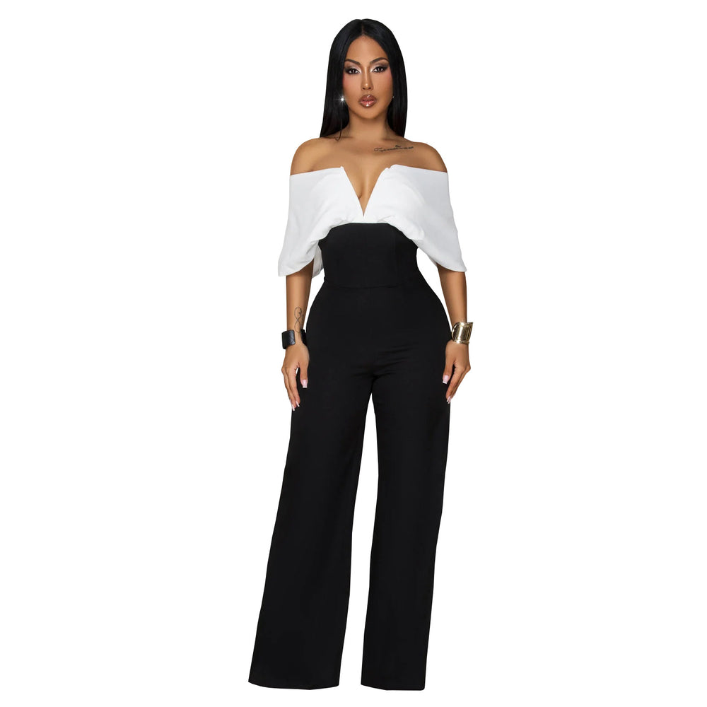 C7498 cross-border   fashion women's casual v-neck backless black and white wide-leg jumpsuit new