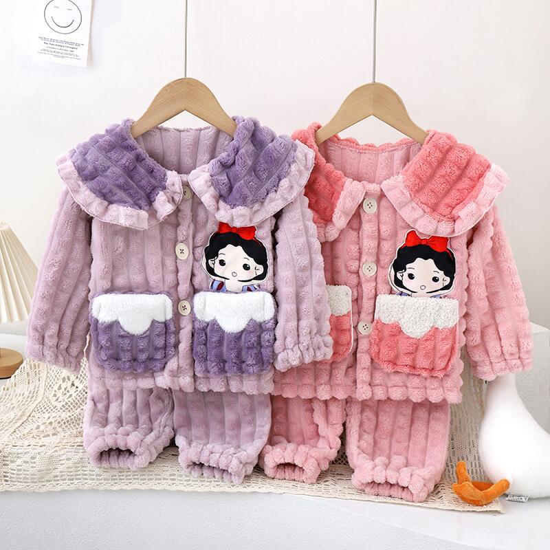 Girls' fleece-lined autumn/winter set: cute, thickened, warm coral fleece casual loungewear for girls - two-piece thick set