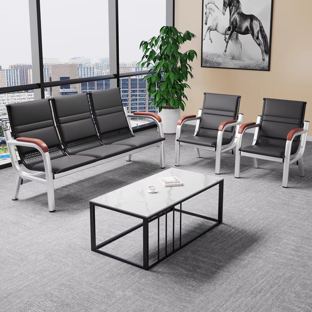 Office sofa and coffee table set - minimalist modern reception desk with iron frame, business three-seater sofa