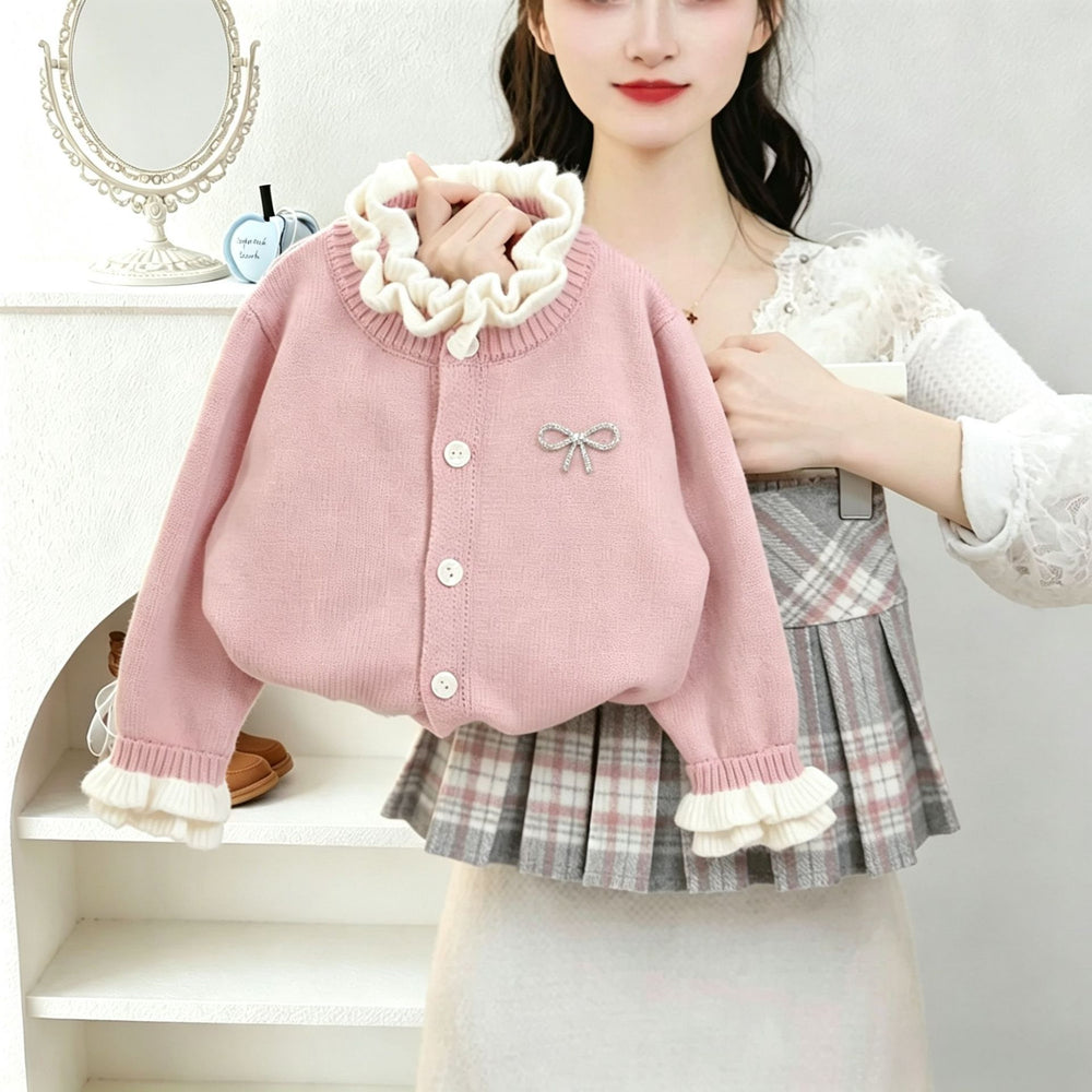 Girls' sweater set -  winter new arrival: stylish ruffle-trimmed thick cardigan sweater and plaid skirt two-piece set