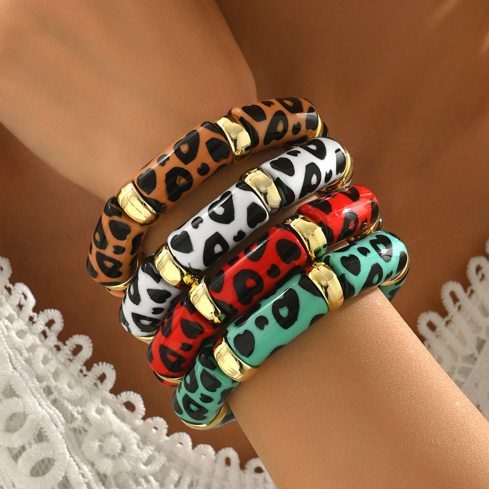 Leopard print acrylic bracelet wholesale - european and american style, edgy & sweet, statement jewelry, high-end aesthetic, color block stretch bracelet