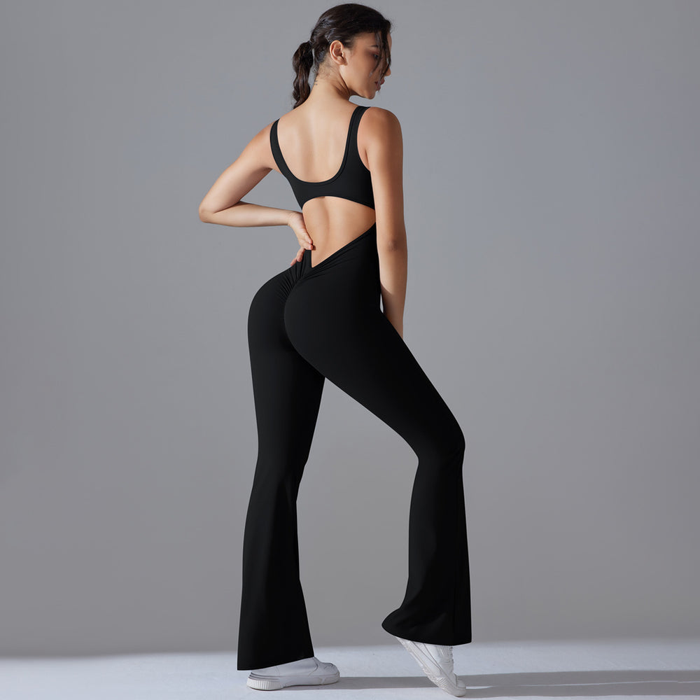 New arrival cross-border pure color beautiful back hip lifting longsilm wide leg jumpsuit sports running fitness jumpsuit yoga wear
