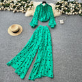 Lightly mature eleganttwo-piece set women's classy sense bows pleated polka dot chiffon topshigh waistloose casual pants