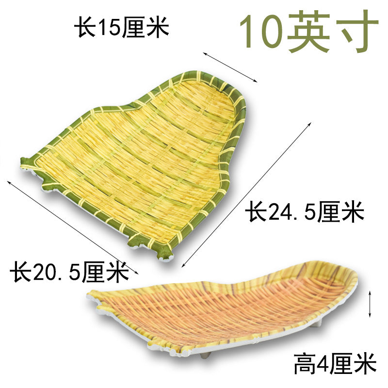 Bamboo woven disc plastic hot pot dish plate restaurant large plate barbecue plate farmhouse tableware green roast chicken plate banquet