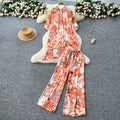 Fashionfashionablesuit women's summer young lady styleasymmetrical medium long printingshirthigh waistloose pantssuit
