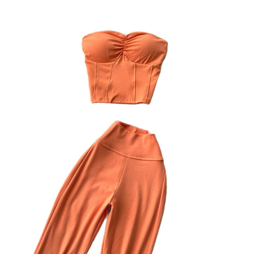 Sexy commuting style tube top tank top hot girl high waist flare pants women's summer casualtwo-piece setelegantsuit