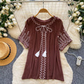 Korean style embroidered breathable ethnic blouse - women's summer short sleeve loose tie-waist top, age-defying commute style