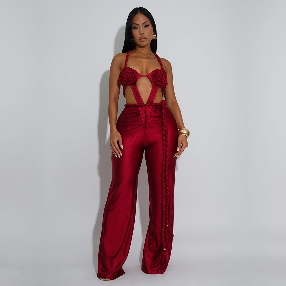 C7557 cross-border   fashion women's solid color sexy bandeau backless tie-up jumpsuit