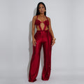 C7557 cross-border   fashion women's solid color sexy bandeau backless tie-up jumpsuit