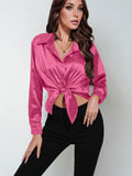 Satin shirt women's satinartificial silk long sleeves  best sellingpure colortopselegance button front lapel shirt