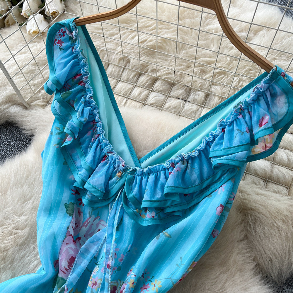French riviera style blue floral print cami dress - women's summer dress, sweet & sexy v-neck, cinched waist, elegant maxi dress