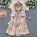 Frenchretrolacepatchworkcut outdress women's sweet strapslong sleeves waist tie backeleganceelegant long skirt