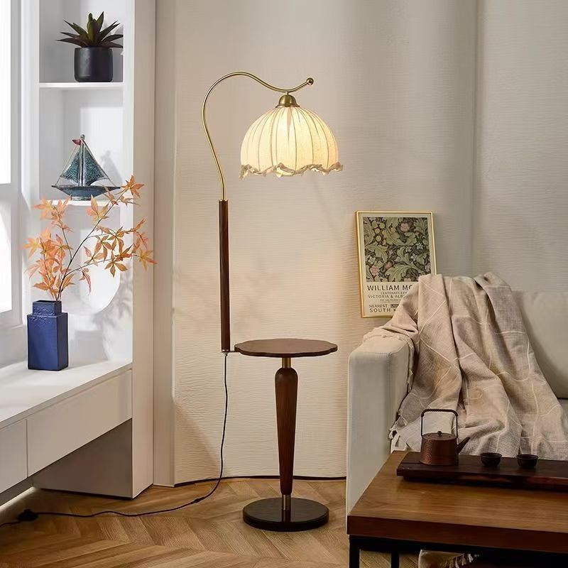 French medieval walnut grain living room sofa next to coffee table storage desktop atmosphere wabi-sabi style bedside floor lamp