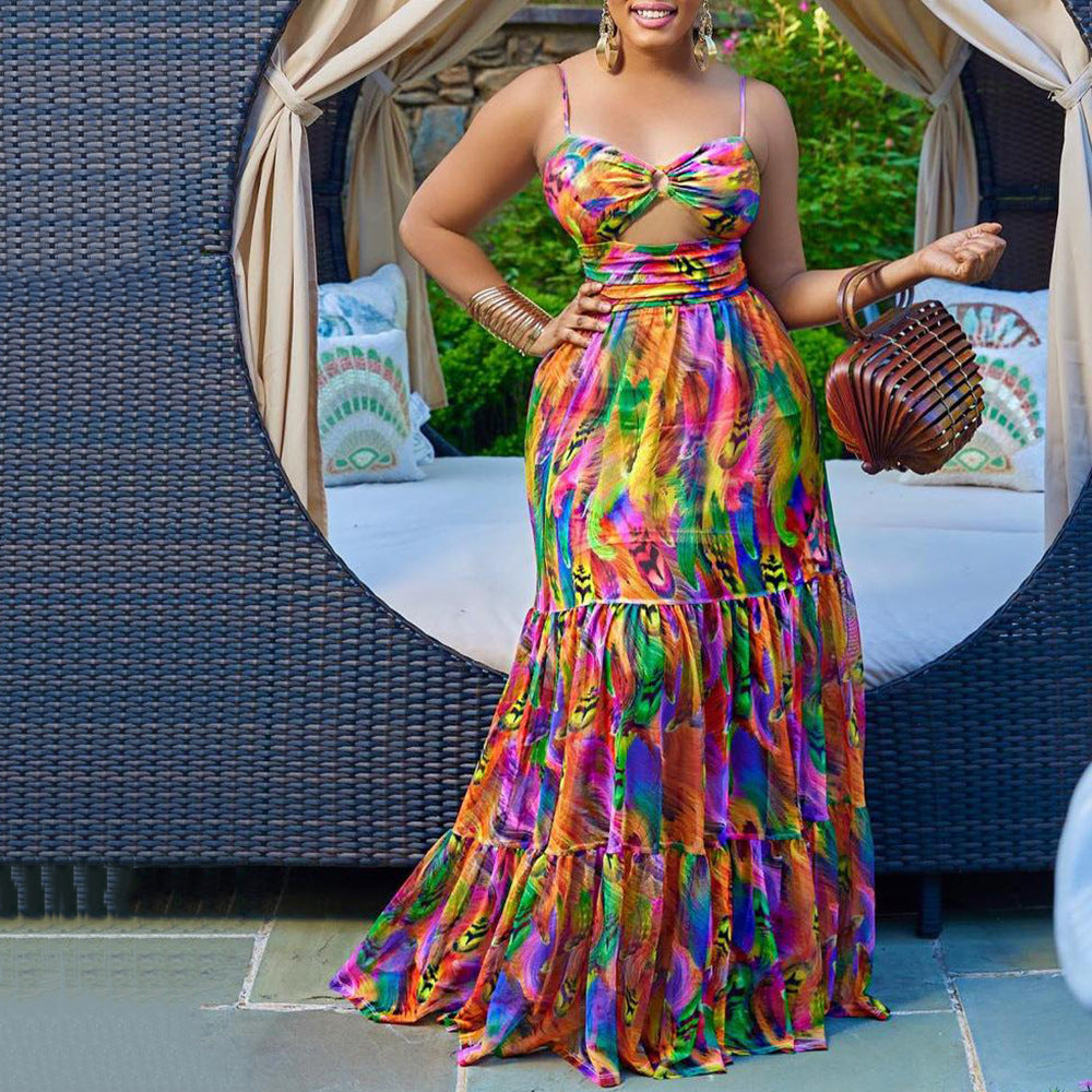Y9335  cross-border summer new arrivals: european and american style sexy camisole dress - printed sleeveless backless maxi dress