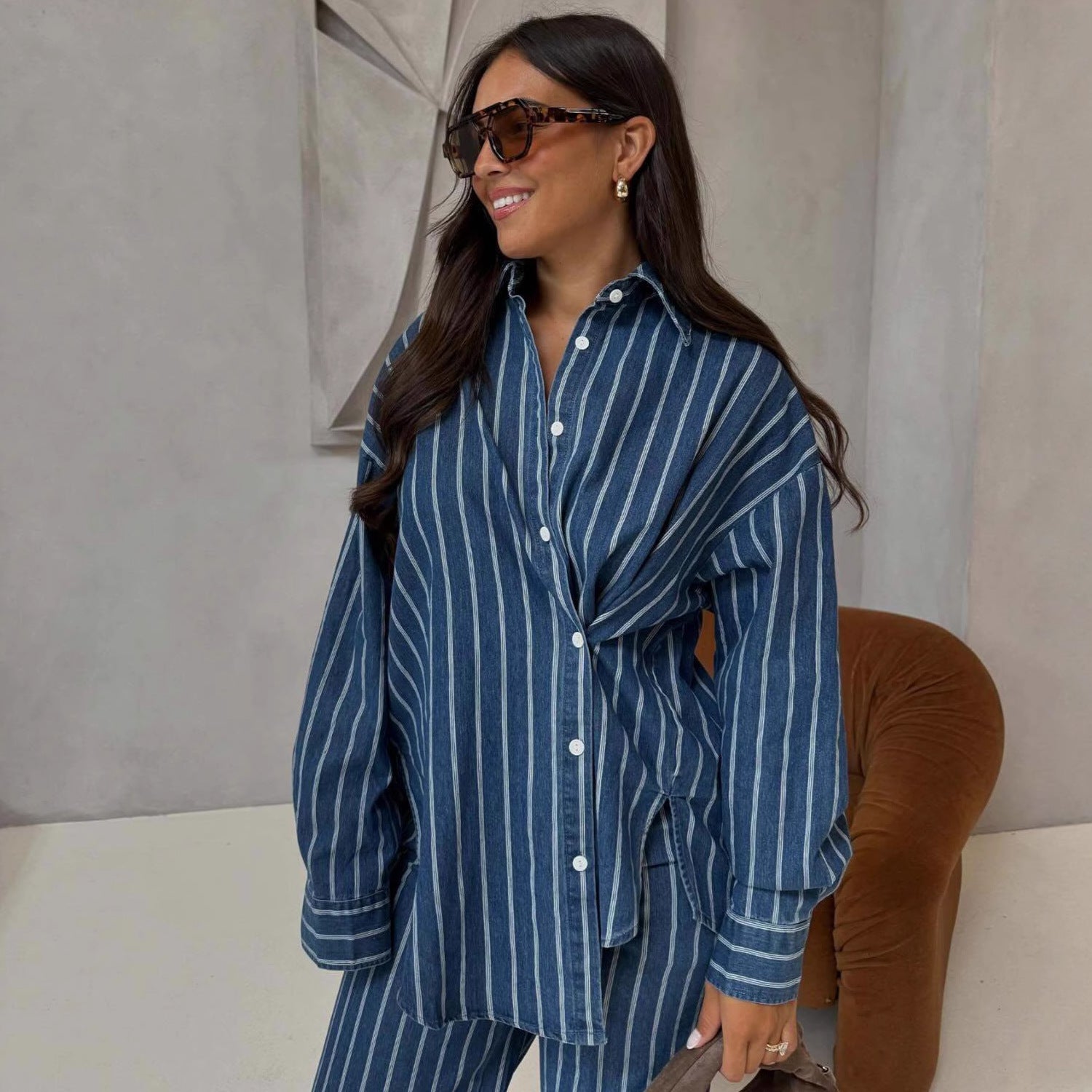 European and American long-sleeved casual lapel cardigan striped shirt women's African foreign style large size new women's trousers two-piece set