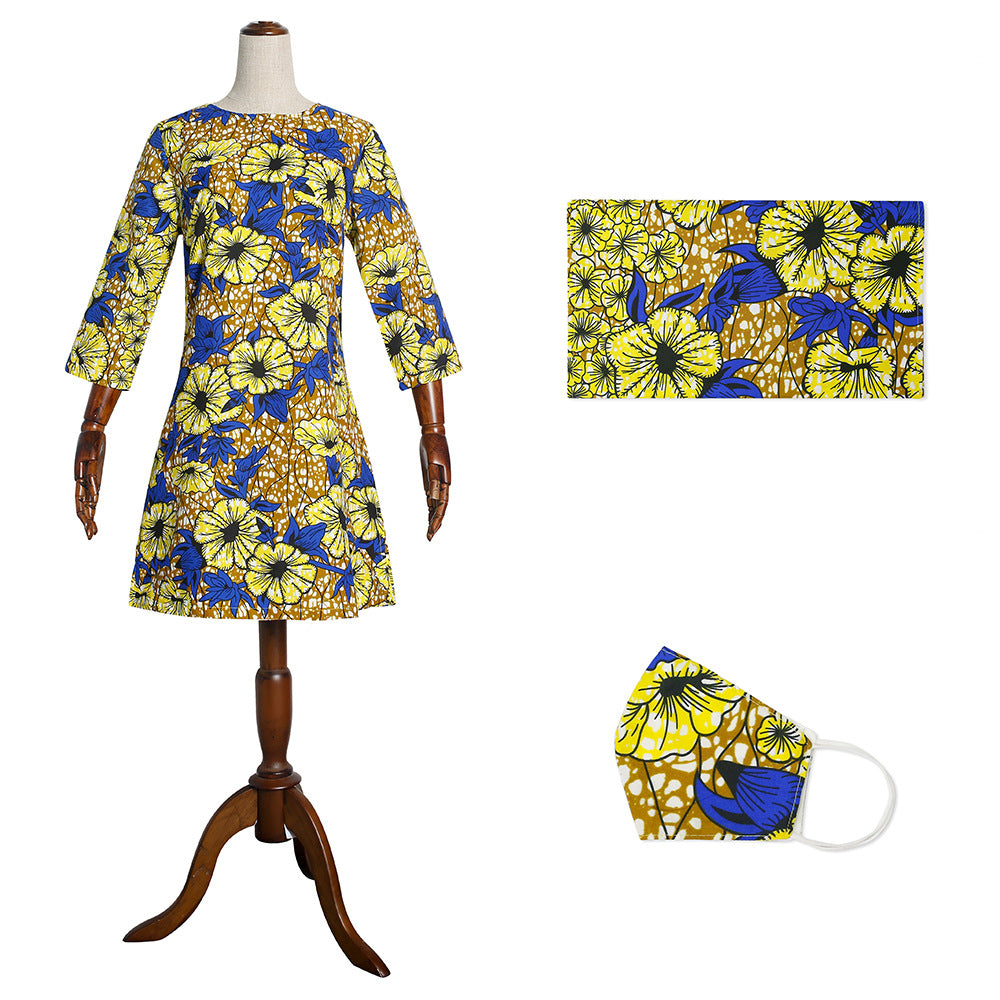 African women's fashion: european and american cross-border e-commerce,   new collection - wax print dress with matching headscarf and face mask