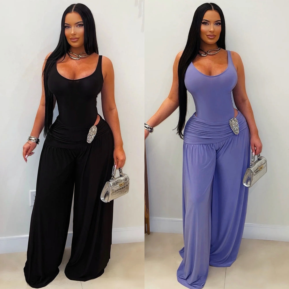 C7779 cross-border  new women's solid color u-neck high-waisted slim-fit wide-leg jumpsuit - sexy & spicy casual romper