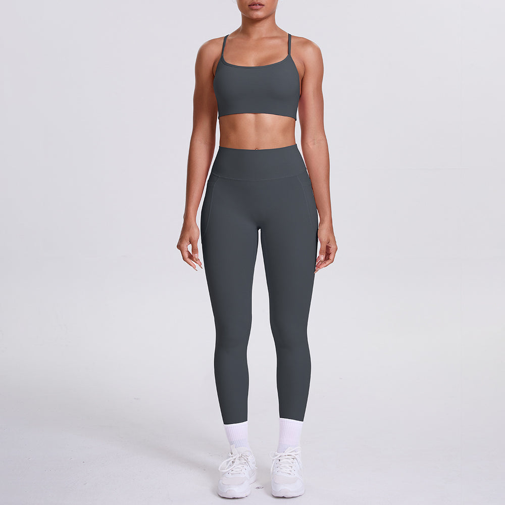 Cloud-feel compression yoga set: sexy open-back sports bra with high-waisted butt-lifting leggings and pockets - women's running & fitness apparel
