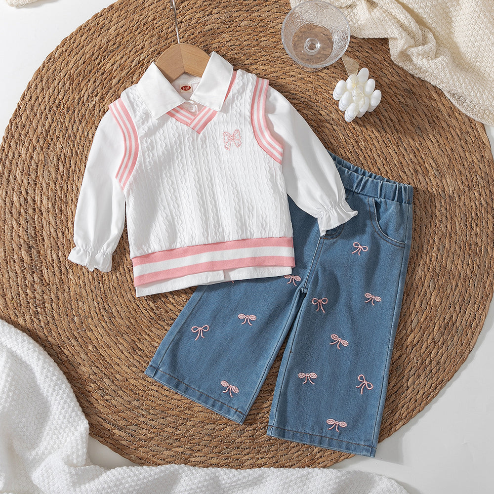 new autumn cross-border collegiate style girls' three-piece set: turn-down collar blouse + knitted vest + embroidered denim jeans