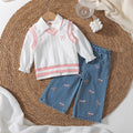 new autumn cross-border collegiate style girls' three-piece set: turn-down collar blouse + knitted vest + embroidered denim jeans