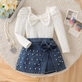 new autumn/winter cross-border girls' bubble sleeve top and heavy-duty denim beaded skort set - two-piece outfit