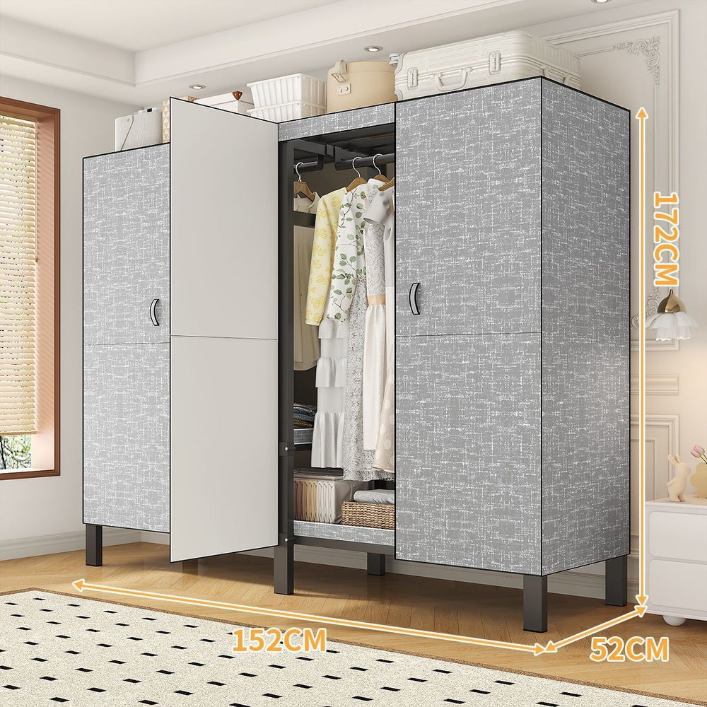 Easy-to-assemble, foldable wardrobe for bedrooms, ideal for home use or rental properties. dustproof, moisture-proof, with reinforced construction, fully sealed, and mildew-resistant. features a convenient swing-out door