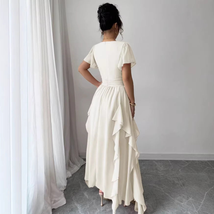 summer new arrival: v-neck slim-fit long dress - pleated, slimming, and fashionable