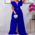 Independent station summer deep v neck see-through mesh stitching pleated waist pure color wide-leg african european and american jumpsuit