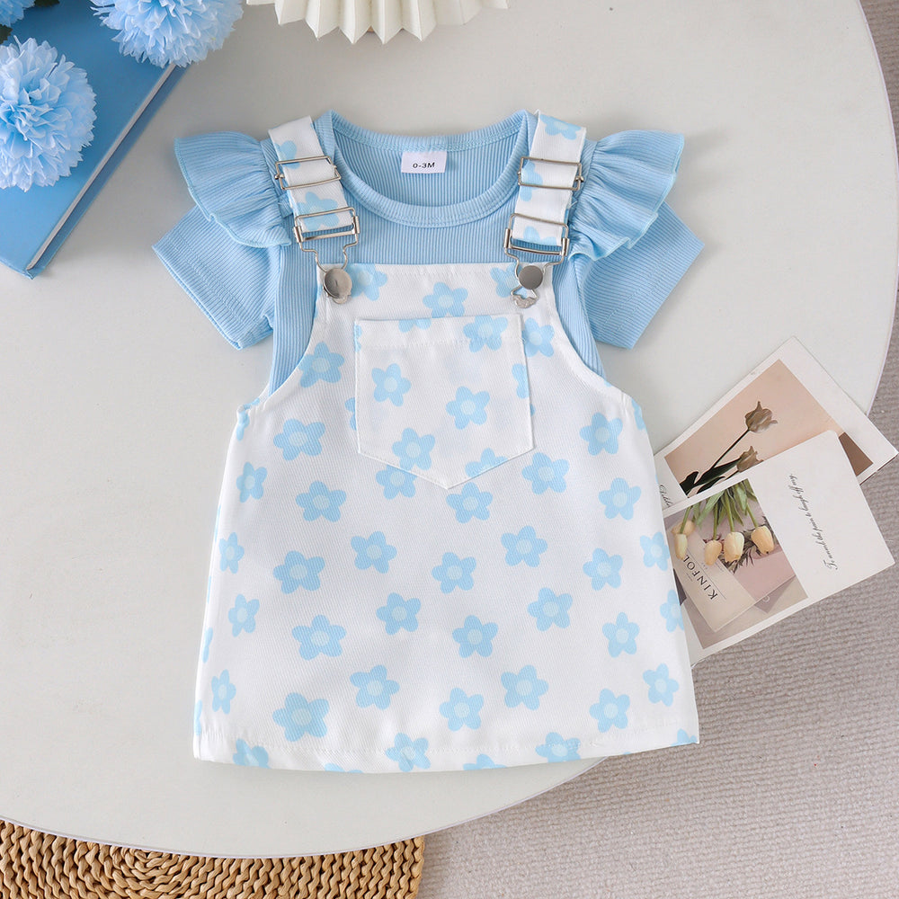 Baby girl light blue flying sleeve blue flower suspender skirt ruffle short-sleeved t-shirt floral suspender skirt fresh summer