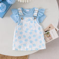 Baby girl light blue flying sleeve blue flower suspender skirt ruffle short-sleeved t-shirt floral suspender skirt fresh summer