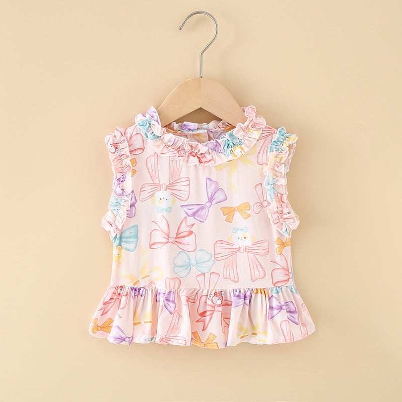 Girls' cotton rayon top - cartoon print, loose-fit, breathable, cute summer lightweight pajama set with lace trim