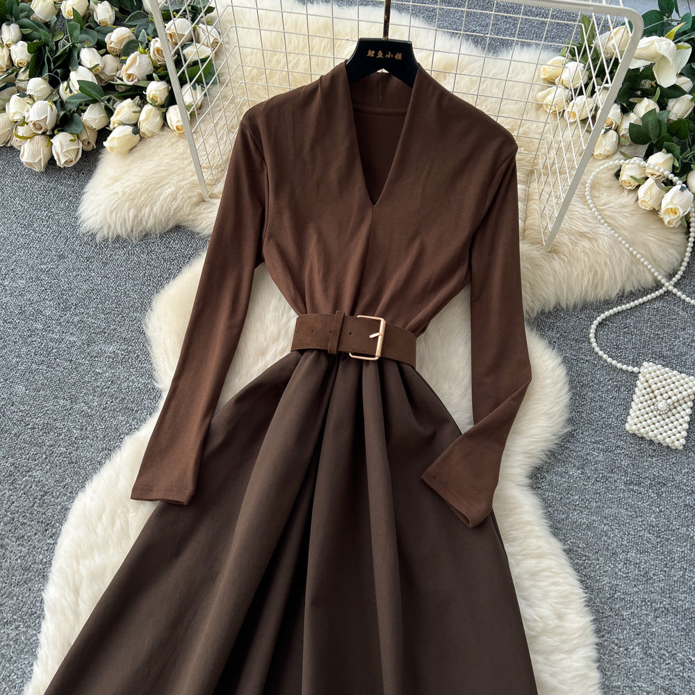 French chic mature woman's high-end v-neck long sleeve patchwork tie-waist dress - elegant inner layer maxi dress