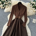 French chic mature woman's high-end v-neck long sleeve patchwork tie-waist dress - elegant inner layer maxi dress