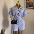 European and american cross-border women's fashion:  summer new arrivals - stylish blue and white striped loose-fit shirt, wide-leg shorts, and jumpsuit set