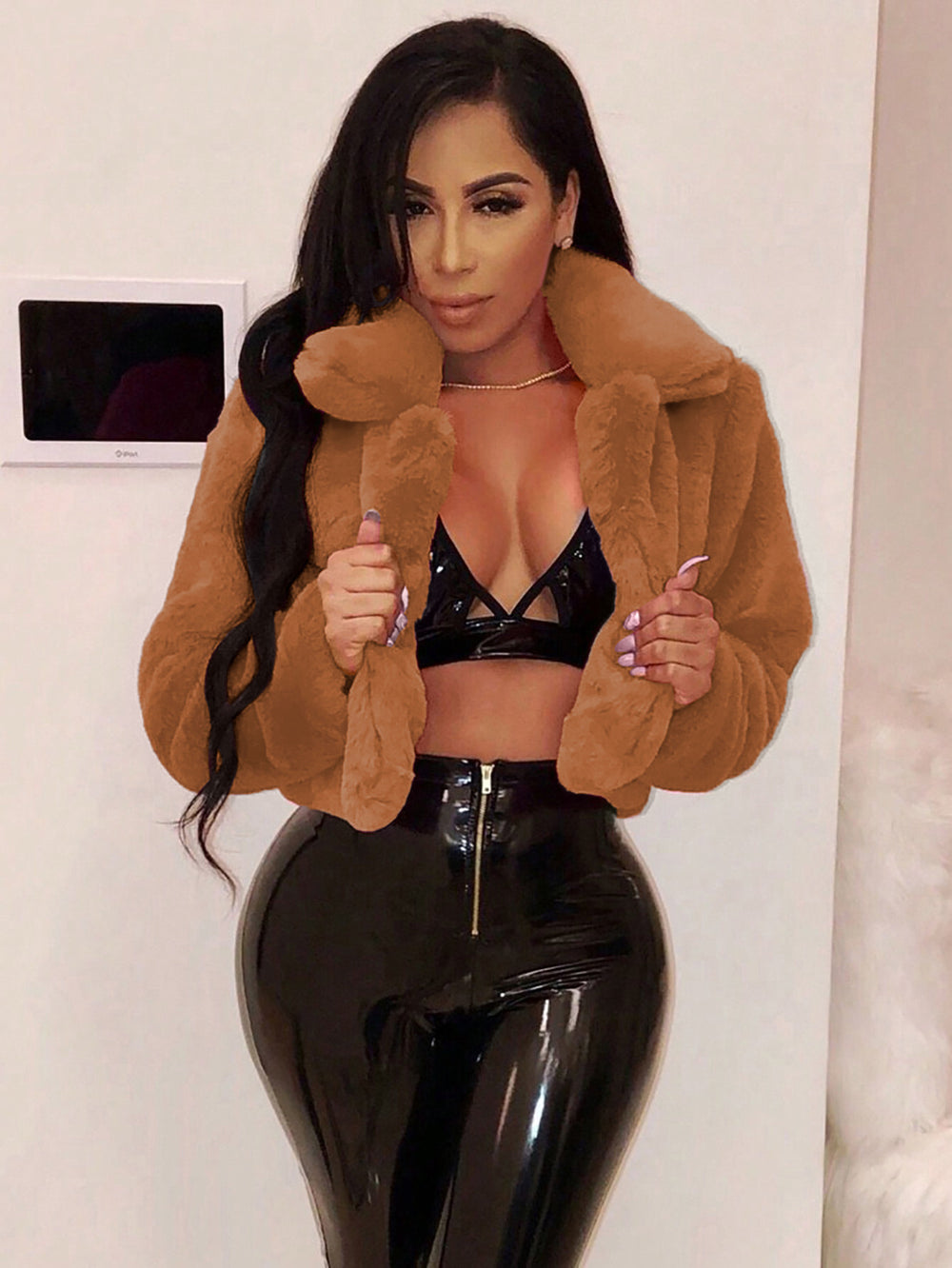S391021 european and american autumn/winter oversized faux fur cardigan jacket