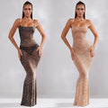 C6726 cross-border   fashion women's solid color mesh rhinestone suspender maxi dress