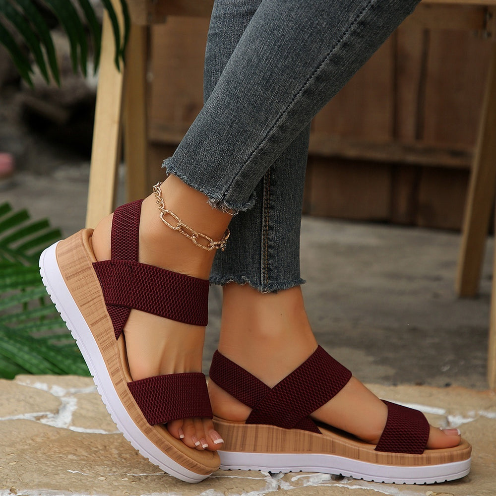 Wholesale women's plus size platform wedge heel sandals with open back and flyknit upper - summer  beachwear
