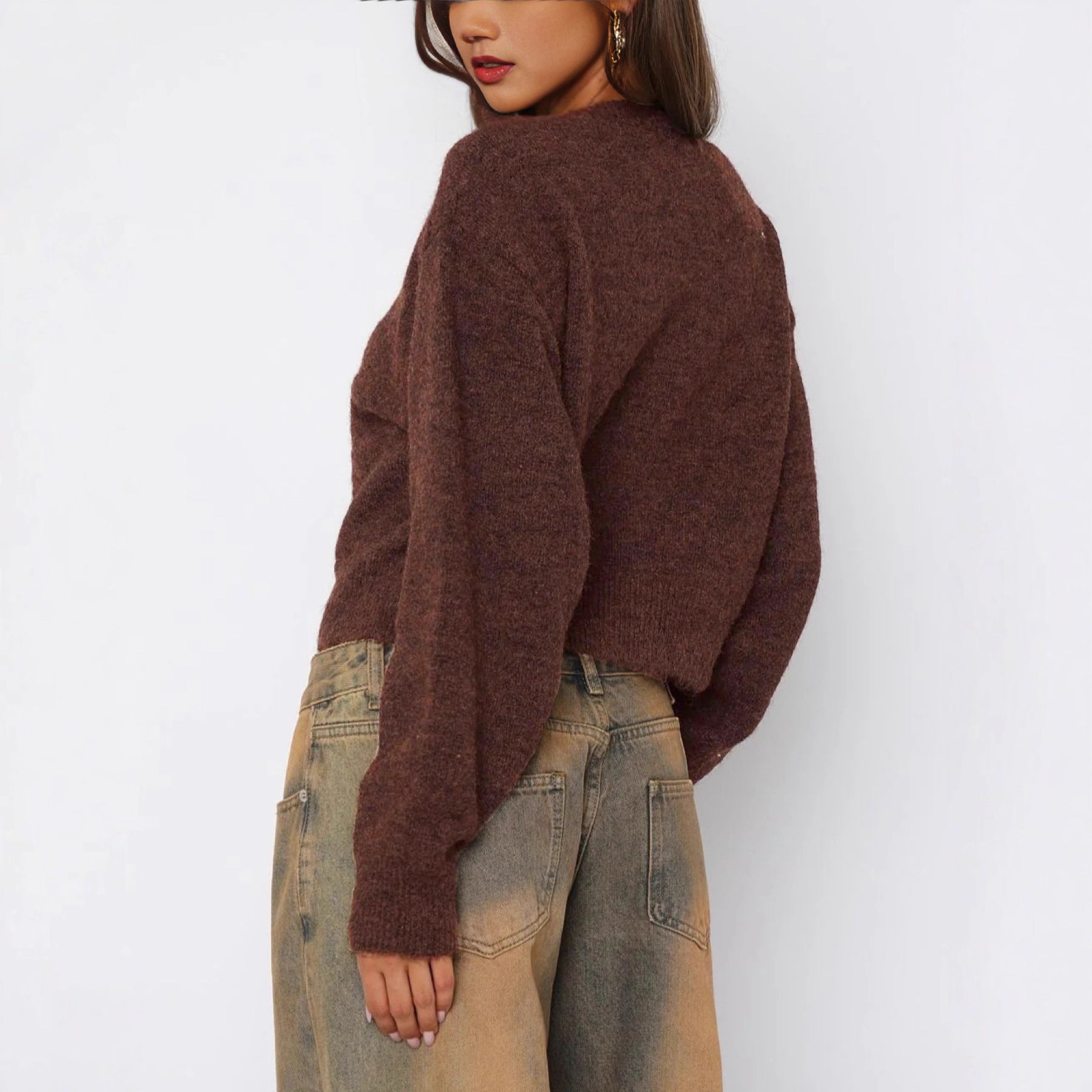 Cross-border Europe, America and 2025 autumn new sweater women's long-sleeved button-up versatile crew neck knitted cardigan jacket women