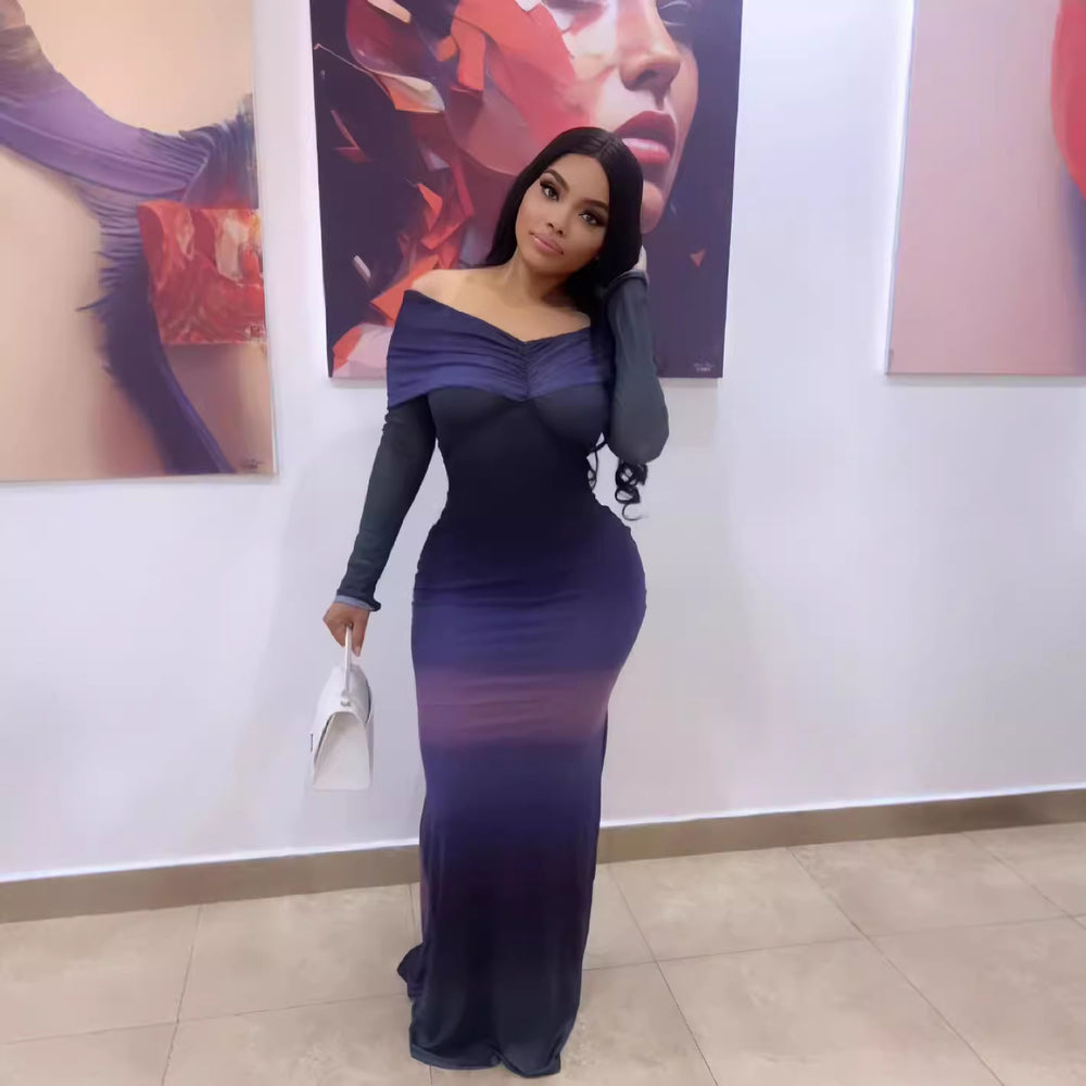 European and american cross-border women's fashion:  autumn new arrival - long sleeve off-the-shoulder ruched bardot neck gradient slim-fit dress