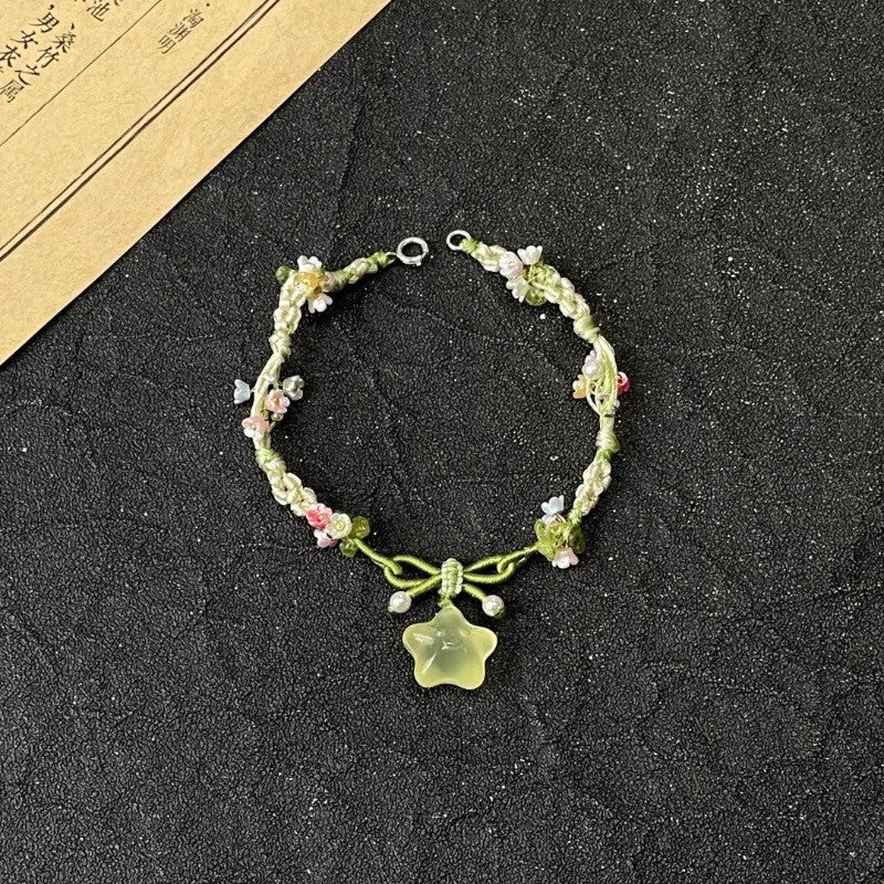 Summer icy little star green crystal multicolor flower braided necklace bracelet - versatile, unique, sweet, and cute accessory