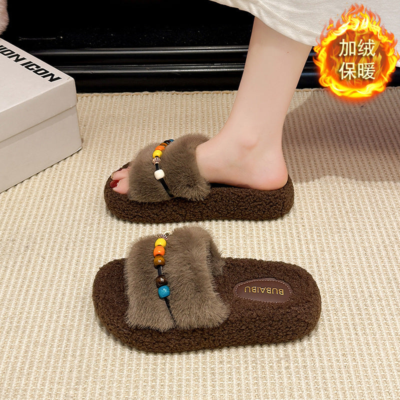 Ethnic style beaded platform fuzzy slippers - women's autumn/winter comfortable non-slip suede thong sandals - lightweight fluffy slippers
