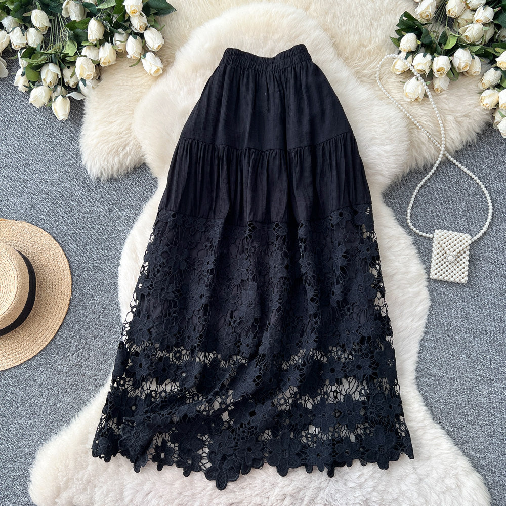spring new arrivallacepatchwork a-line skirt women's cut outhigh waist cake skirt easiest for match mid-length skirt