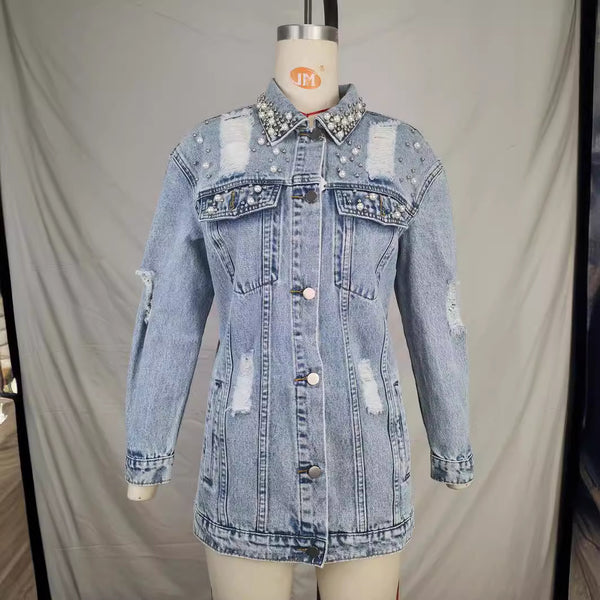 New  models,    denim shirts, European and American solid color ripped medium and long denim jackets for women