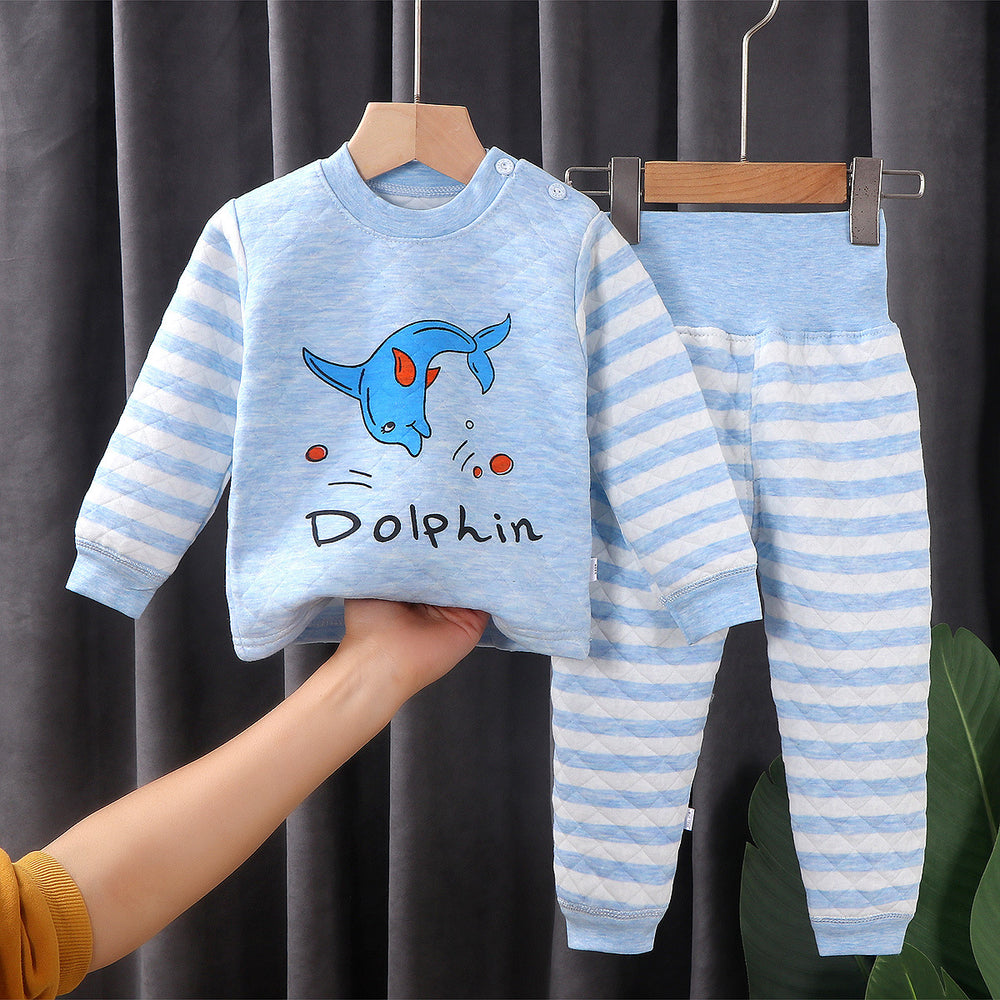 Winterpure cottonkidsheattechintimatessuit three-layer quilted baby high waist belly protection fleece-linedthickened autumn clothes and long trousers