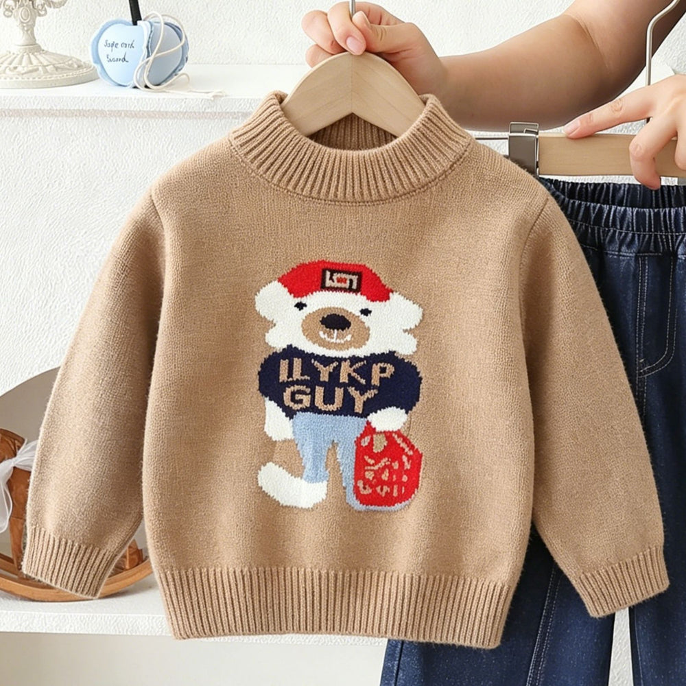 Kids' crewneck knit sweater & cartoon bear denim pants set - new  collection
